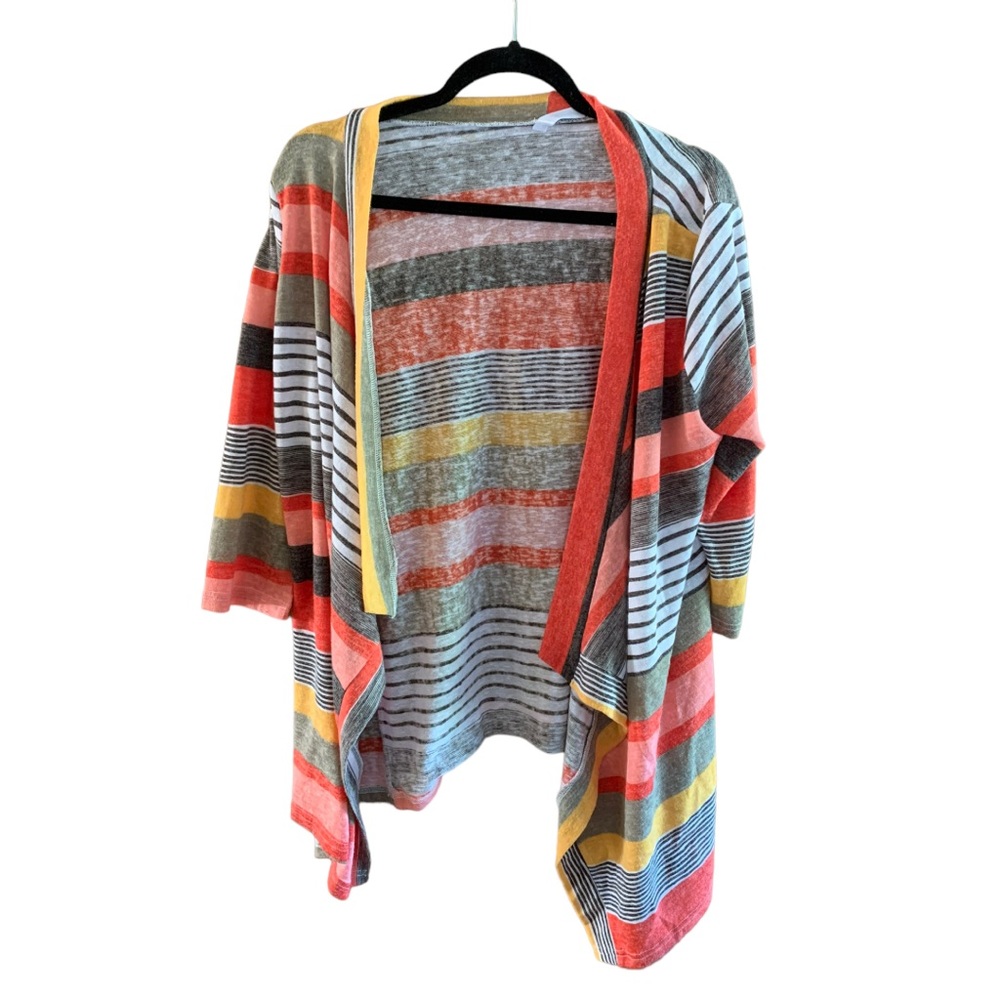 Dearcase pink striped brown colorful yellow gray cardigan sweater high low M